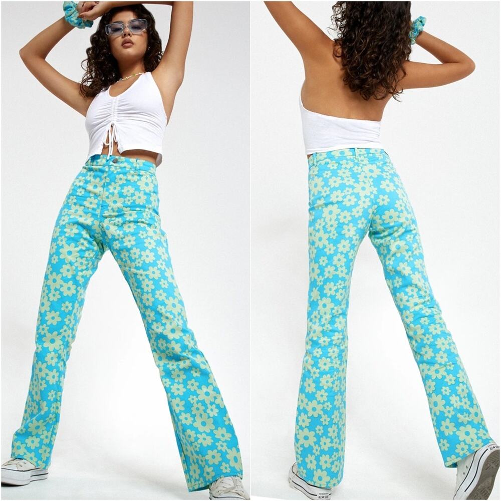 Motel Zoven Blue & Green Retro Daisy Print Flared Trousers Size M - Picture 9 of 11